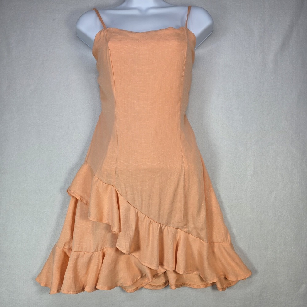 Francesca's Mi Ami Dress Orange Asymmetric Ruffle Hem Open Tie Back Sz Med-6/7
